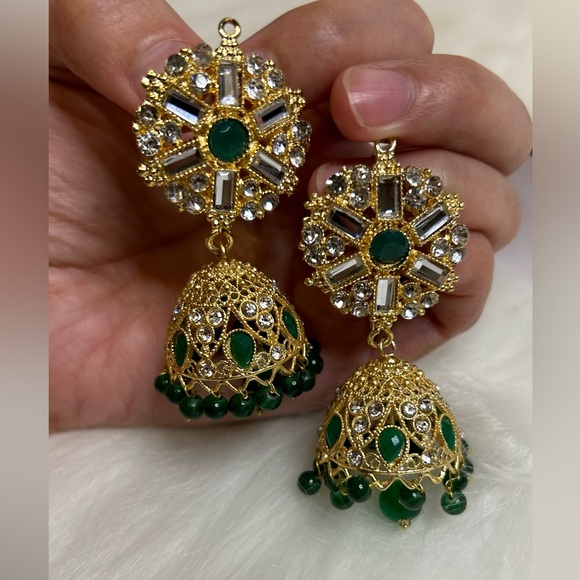 Green Gold Jhumki Earrings - Picture 8 of 8